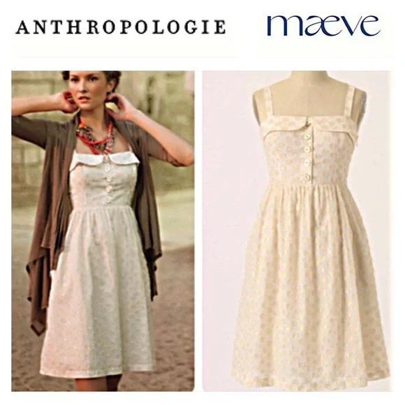 ANTHROPOLOGIE MAEVE In A Twinkling DRESS Off-White, Gold Dots 6 MIDI FULL SKIRT - Picture 3 of 13